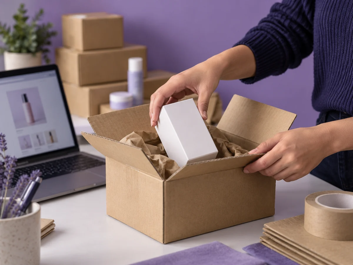 Embalagem de um produto para envio em uma loja online, com caixas e notebook na bancada